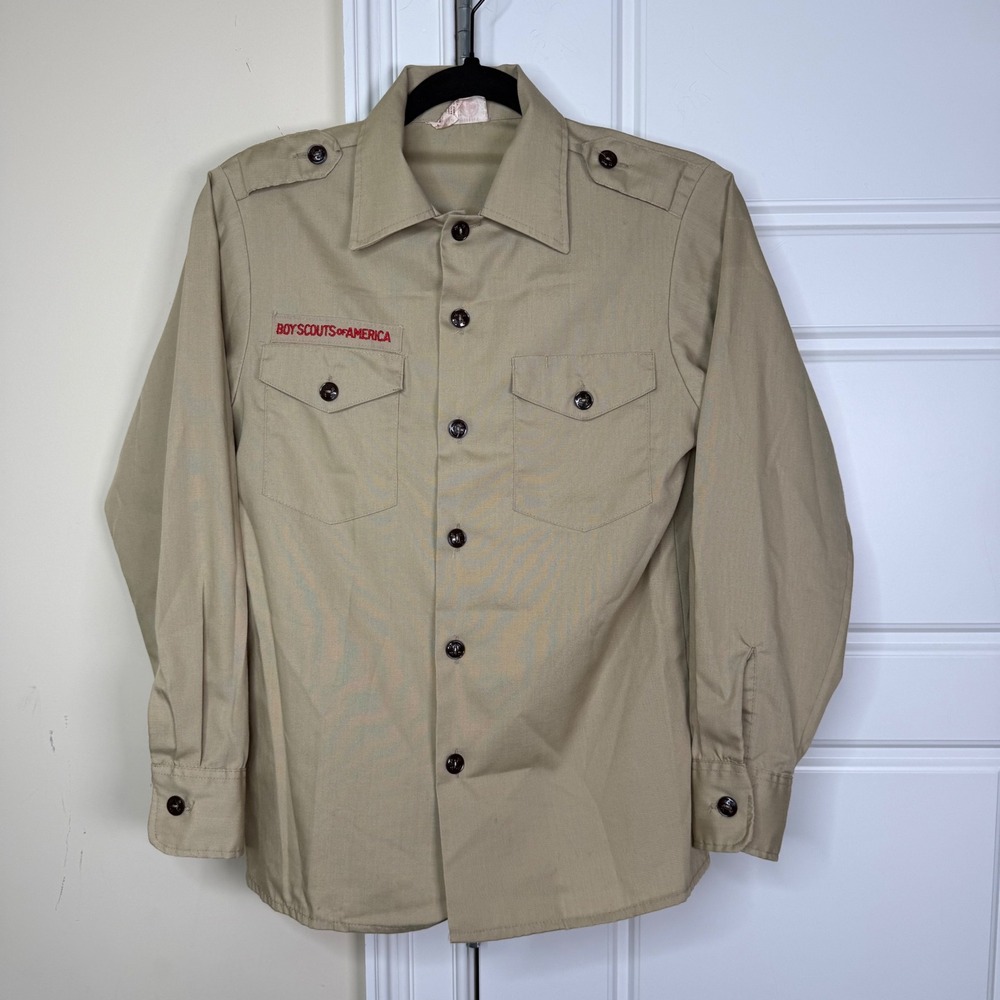 Vintage Boy Scouts of America Uniform Shirt Youth 14 Tan Long Sleeve USA Made